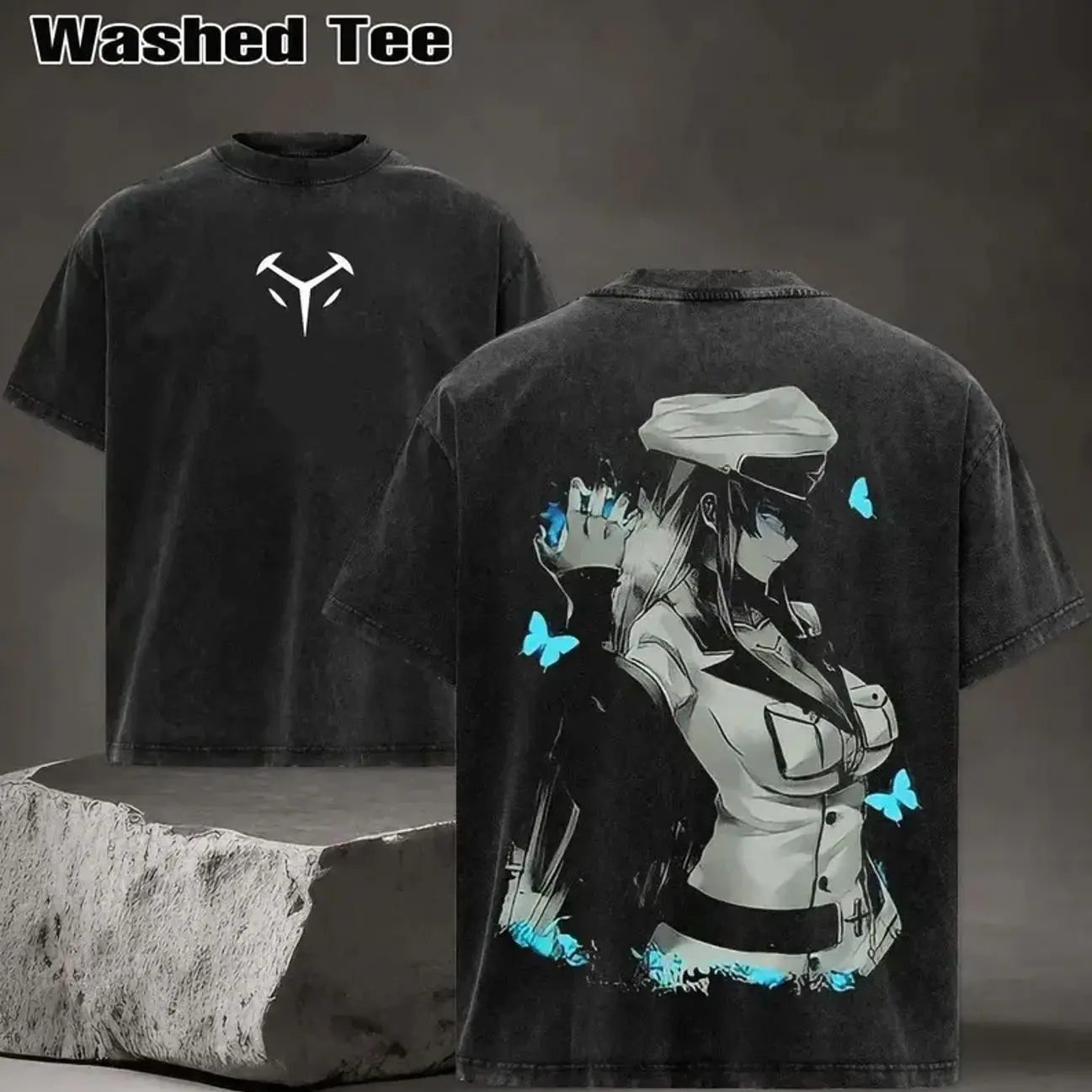Esdeath Anime General Merch | Military Uniform Acid Washed Oversized Tee Blue Butterfly Villainess Bootleg Style, Heavyweight Fandom Apparel. Oversized UB5