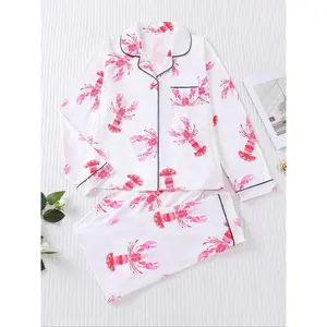 Women's Fall Winter Pajama Set, Lobster Print Long Sleeve Sleepwear, Casual Fitted Comfortable Home Wear, Ladies Loungewear