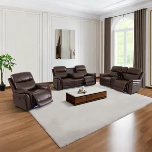 Classic Reddish Brown Genuine Leather 3-Piece Modular Power Recliner Sofa Set - Electric Reclining Living Room/Home Cinema Couch with Blue LED Base Lights, Drop-Down Storage Console, Foldable Tray, Dual Cup Holders, USB Ports