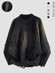 American Style Fall Winter Sweater, Round Neck Fleece Hole Design, Unisex Casual Fashion Knitwear Knit Pullover, Suitable for Daily Wear