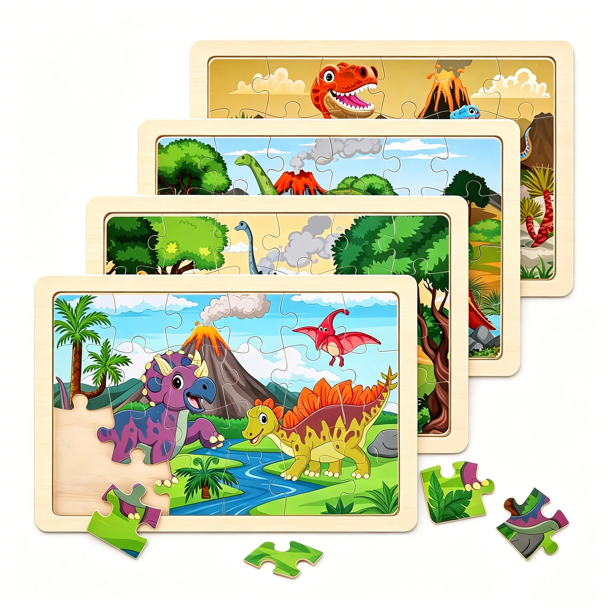 Unisex Sturdy Vibrant Wooden Dinosaur Jigsaw Puzzles for Beginner Kids Ages 3-6, 4-Pack 20-Piece Wood Puzzle Boards, Preschool Educational Brain Teasers for Easter, Birthdays & Animals & Nature Themed Gifts