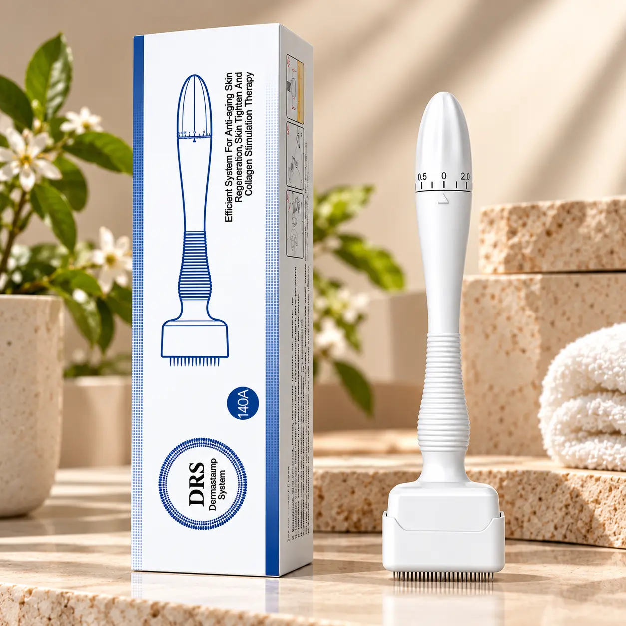 140 Pin Adjustable Derma Stamp 0-3.0mm, Professional Microneedle Skin Care Beauty Tool with Ergonomic Handle, Facial & Body Skin Care Tool for Men and Women, Portable Home Beauty Care Device