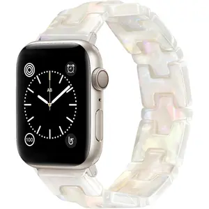 WBA-063-LYZ Resin Stretchy White Tortoise Fancy Beaded Bracelet Light Watch Band Women Compatible with Apple Watch Band 38mm 40mm 41mm Strap Wristband for iWatch Series 10/9/8/7/6/5/4/3/2/1/SE
