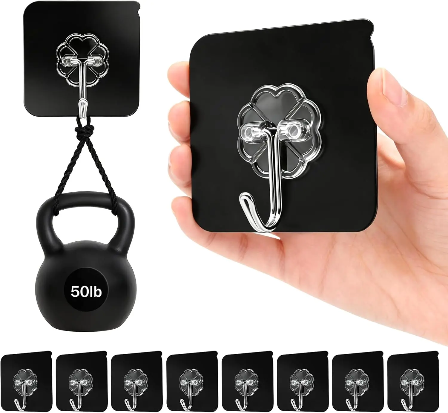 Heavy Duty Adhesive Hooks for Hanging 50lb(Max) Black Wall Hooks with Strong Sticky,No Damage Removable Hook Waterproof & Reusable for Bathroom, Kitchen, Shower, Outdoor Decor -8 Pack