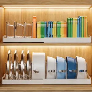 2 Pack Pots and Pans Organizer for Under Cabinet, 22" Expandable Food Storage Container Lid Organizers with 10 Adjustable Dividers Pot Lid Holders Rack Inside Cabinet & Kitchen Countertop(White)