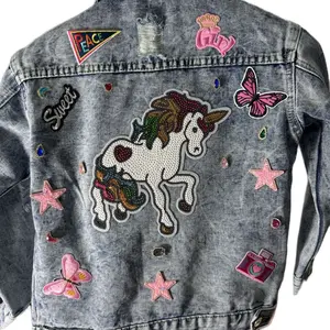 PATCHWORKZ  Toddler Girl Denim Jacket with Multiple Patches - Top Style -      Fashion Statement Vibe Comfort Long Sleeve