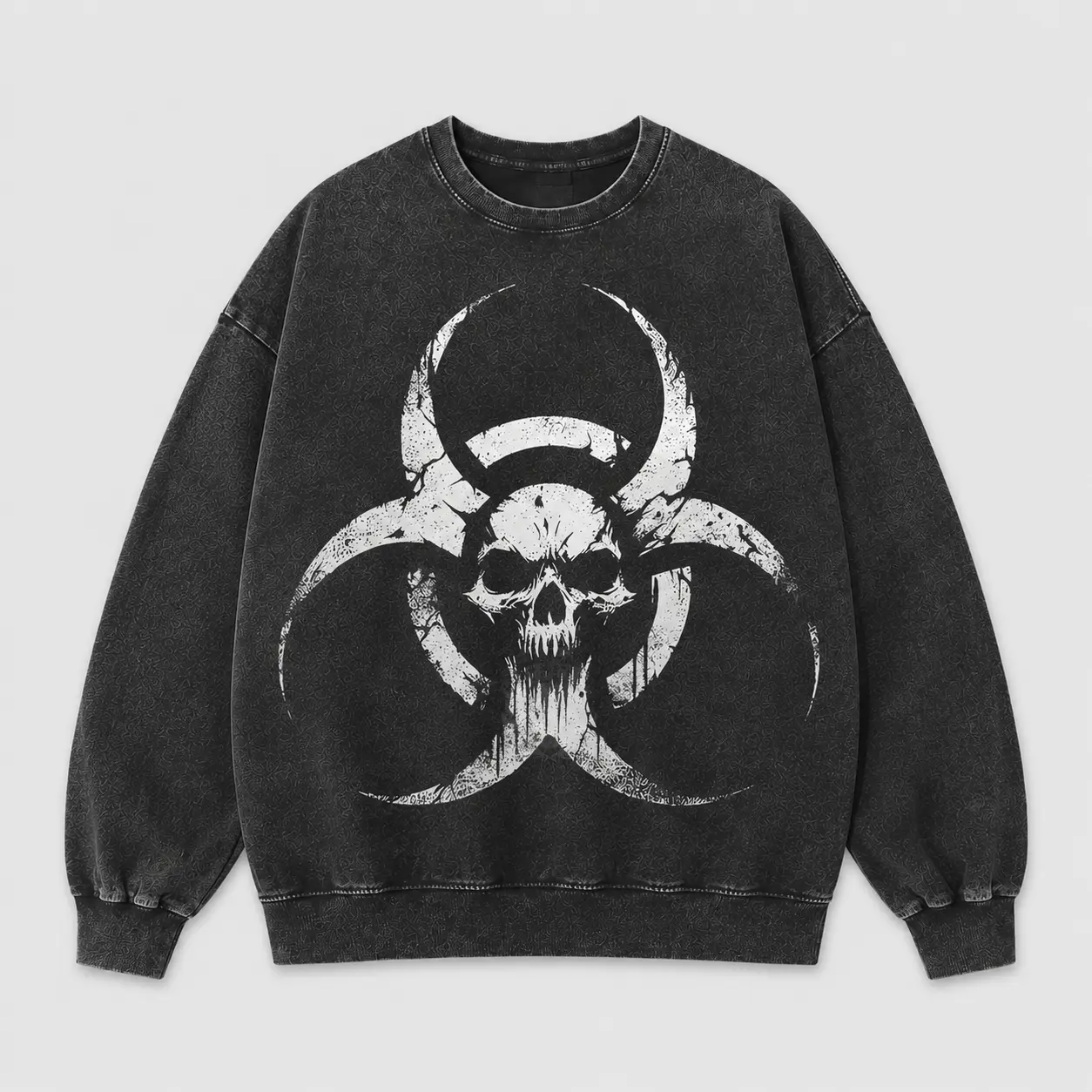 Distressed Skull Emblem Washed Sweatshirt for Men Women, Black Crew Neck Long Sleeve Pullover, White Gothic Skull Graphic Streetwear Top, Size S-5XL Casual Fabric