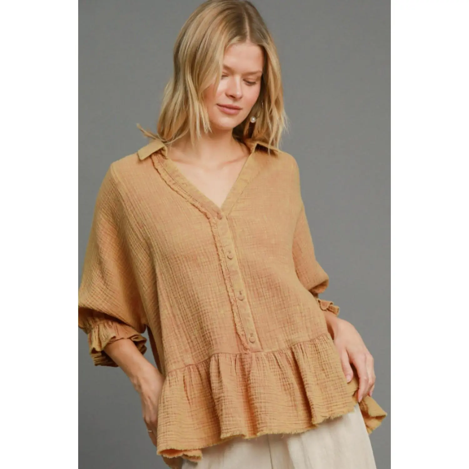 Umgee Full Size Mineral Washed Cotton Gauze Top Plus Size