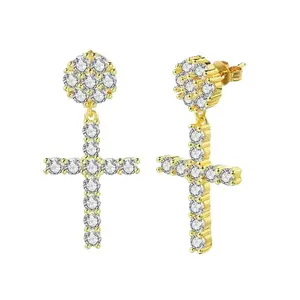 Lorvè Studded Cross Dangle Earrings S925 VVS Synthetic Moissanite Hip Hop Earrings Jewelry Perfect Birthday Mother’s Day Gift for Men Women Silver Earrings Golden Earrings Wedding Set