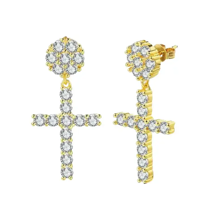 Lorvè Studded Cross Dangle Earrings S925 VVS Synthetic Moissanite Hip Hop Earrings Jewelry Perfect Birthday Mother’s Day Gift for Men Women Silver Earrings Golden Earrings Wedding Set