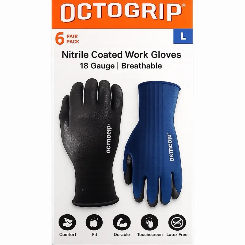 Octogrip Nitrile Coated Work Gloves, Large, 6 Pairs
