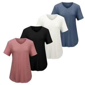 ShortSleeveShirtsforWomenCasualV-NeckPlainTees-Setof4,VariousColorCombinations,CurvedHemComfortWomenswear