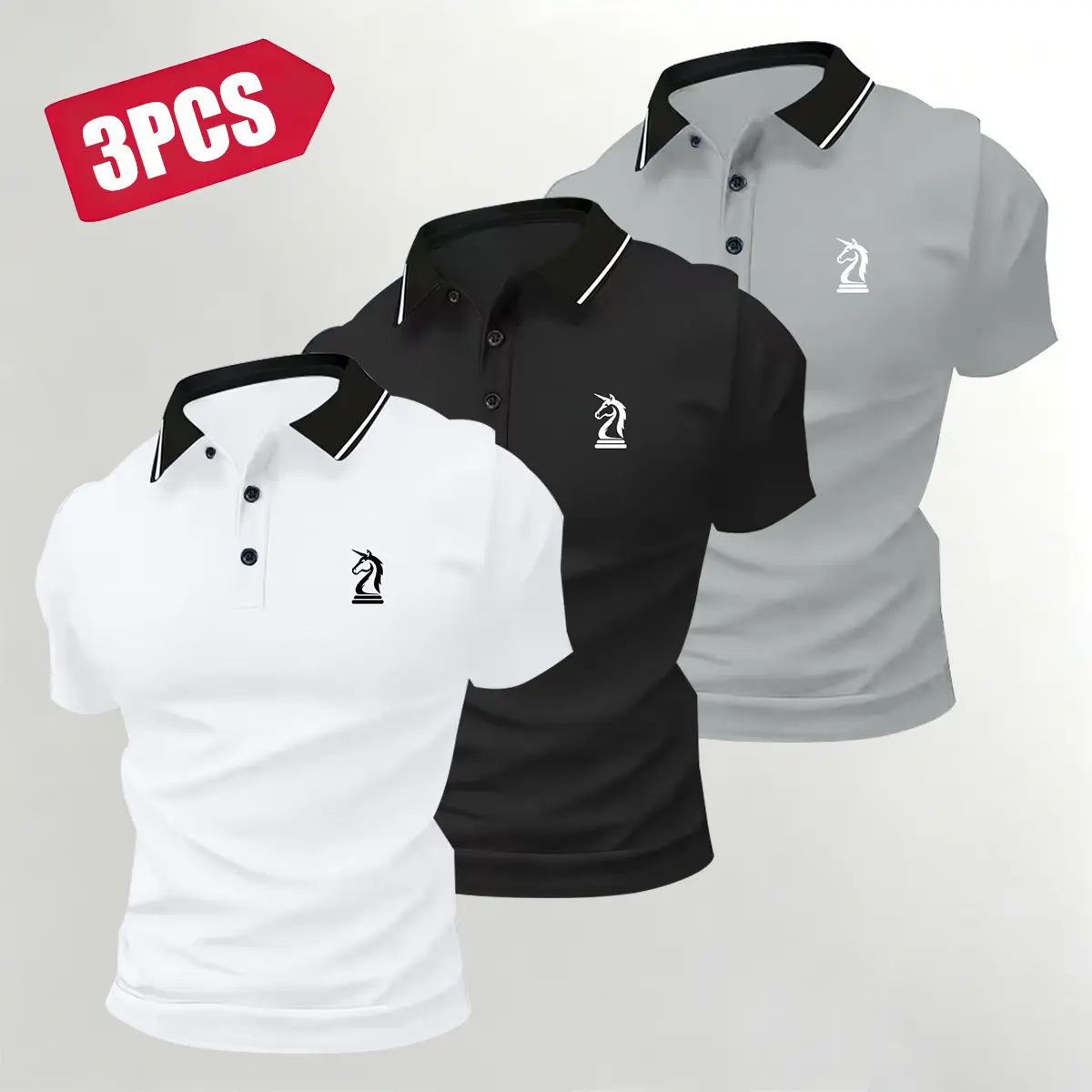 3-piece set of men’s polo shirts with printed patterns, button-front placket, and collar; polyester polo shirts suitable for golf, everyday casual wear, fishing, and camping.