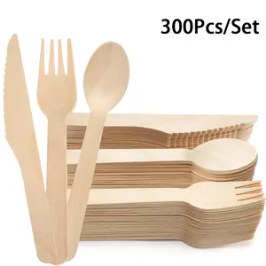 300 Pcs /Set Natural Disposable Wooden Tableware, Disposable Knives and Forks, High-Quality Wooden Cutlery, Easy to Cut Food, Convenient Cleanup, Eco-Friendly, Suitable for Holiday Parties and Celebrations, Ideal for Christmas Parties