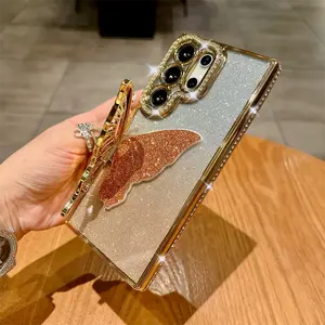Butterfly Bracket Holder Glitter Case For Samsung Galaxy S25 Ultra S24 FE S23 S22 Plus A26 A36 A52 A53 A12 Diamond Fashion Cover