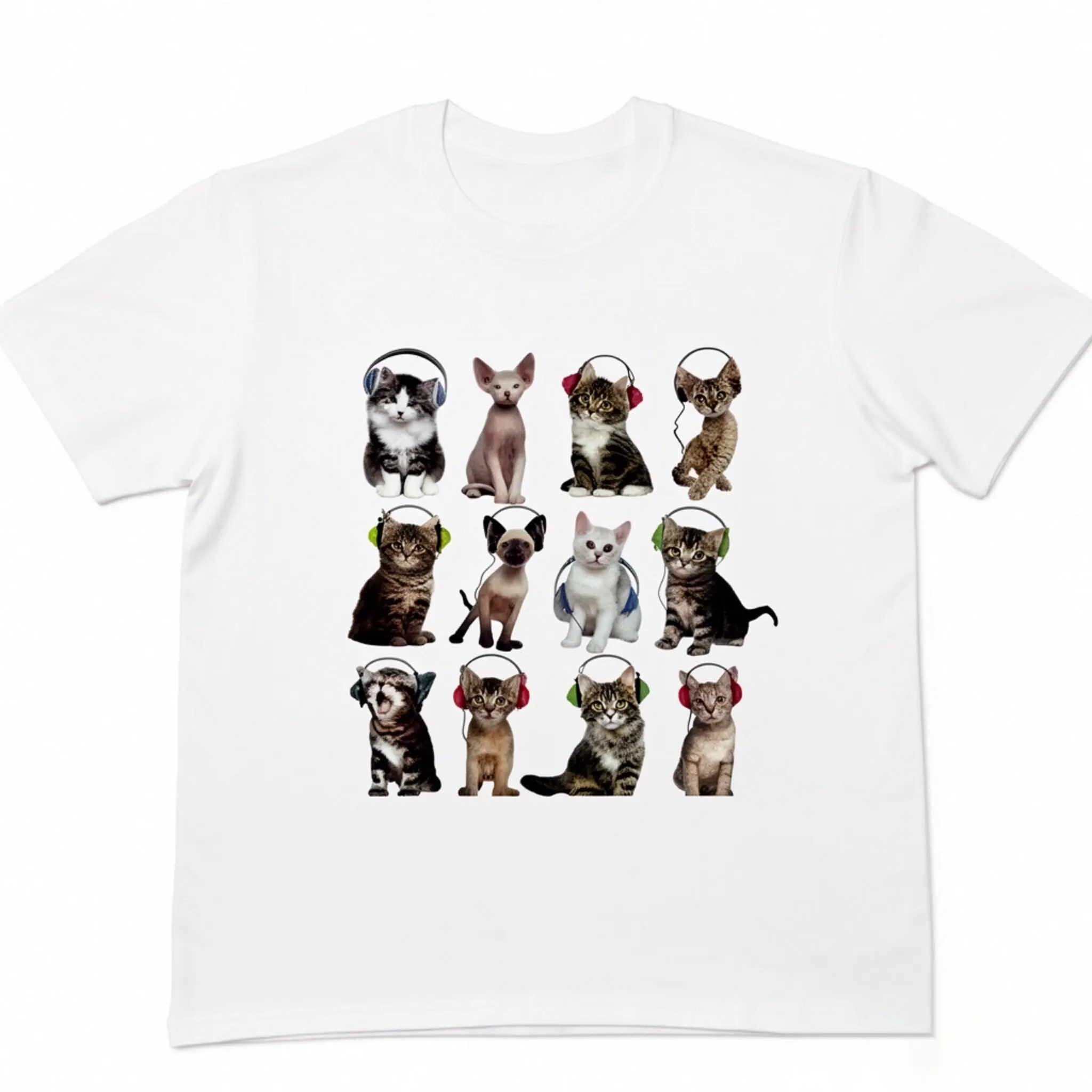 Cats HeadPhone T-Shirt, Unisex Vintage Graphic Tees Gothic Grunge Y2K Emo Scene Clothes Men Women Streetwear