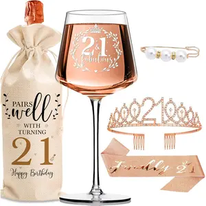 21st Birthday Gifts for Women Sweet Decor Set with Vintage Wine Glasses Wine Bag Birthday Sash Crown Elegant Rhinestone Princess Tiara Perfect for Sister Daughter BFF Girlfriend