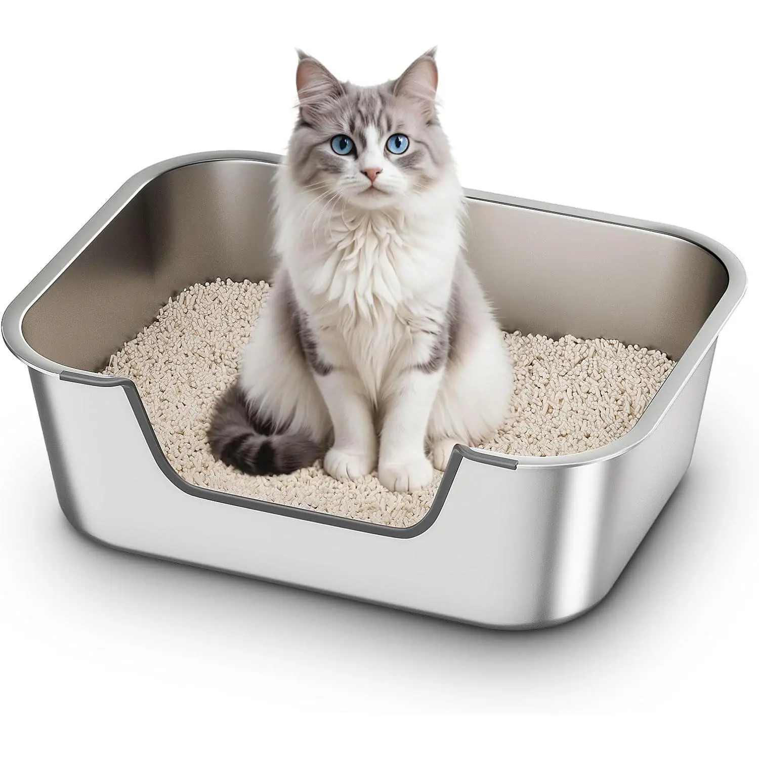 Stainless Steel  Litter Box with Low Entry, Metal Kitty Litter Box for Senior or Injured Cats, Odor-Free, Non-Stick, Easy to Clean, 17.5"x13.6"x5.9", Litter Pan for Medium and Small Cats