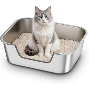 Stainless Steel  Litter Box with Low Entry, Metal Kitty Litter Box for Senior or Injured Cats, Odor-Free, Non-Stick, Easy to Clean, 17.5"x13.6"x5.9", Litter Pan for Medium and Small Cats