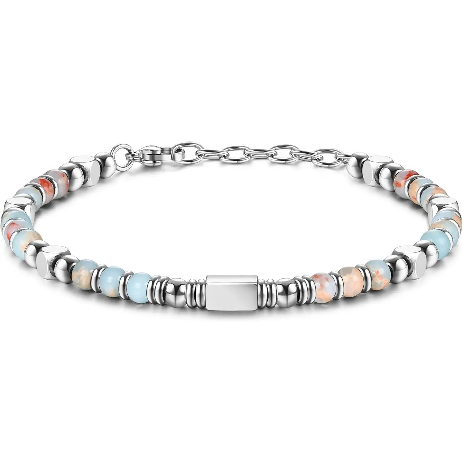 YADOCA Beaded Bracelets for Women Men Stainless Steel Bracelet Pink Crystal Obsidian Tiger Eye Friendship Anxiety Silver Bracelet Turquoise Jewellery 4MM