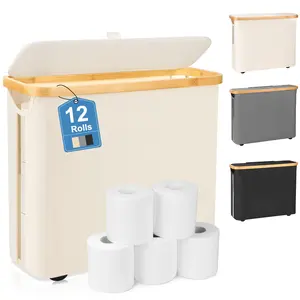 Toilet Paper Storage Basket, Toilet Paper Container with Lid, Bathroom Organizer Hold up to 9 Mega Rolls or 12 Regular Rolls, Beige
