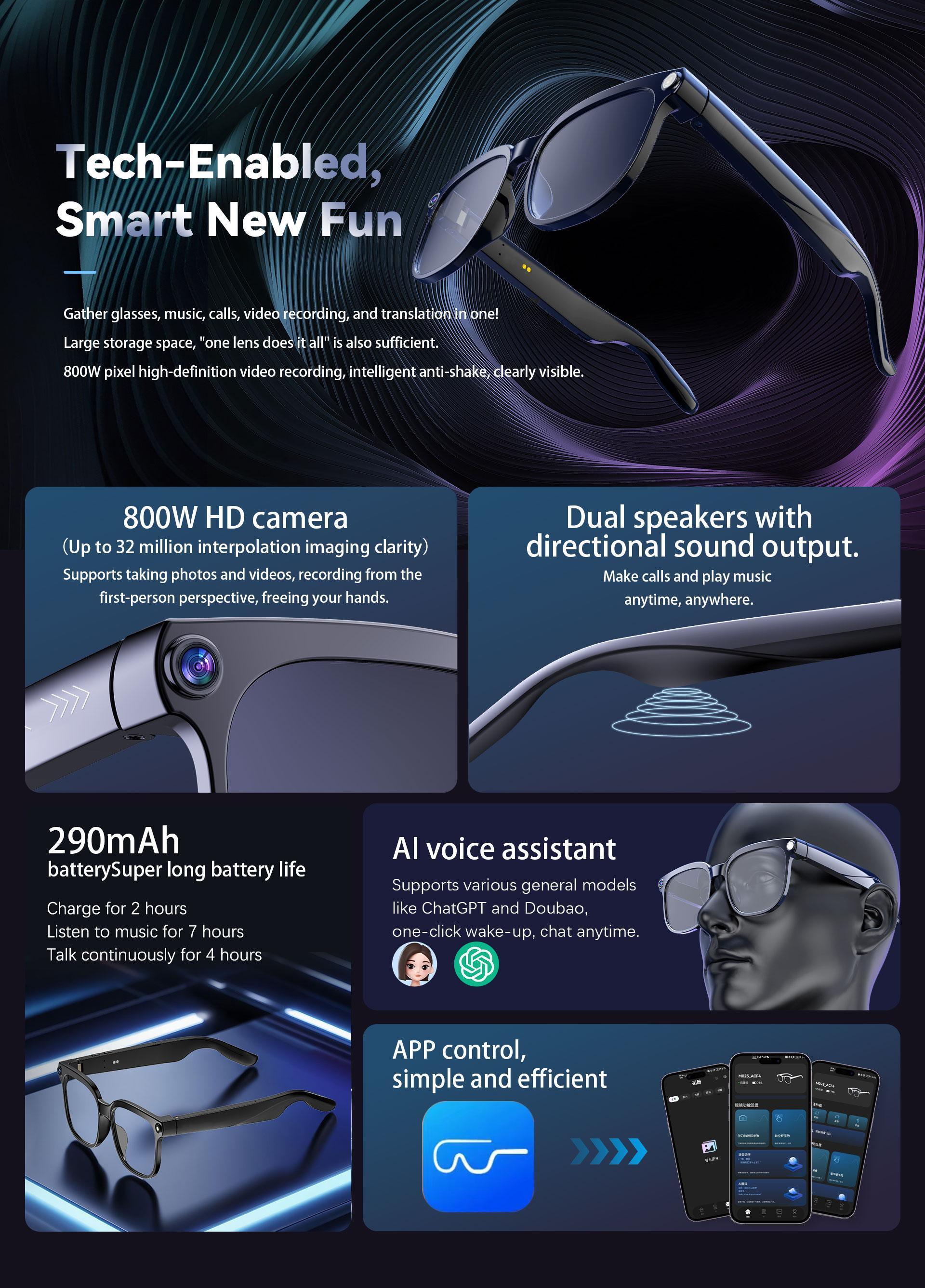 Smart AI Camera Glasses with 8MP Photochromic Lenses Button Touch Adjustment for Travel Outdoor Adventures Hands-Free Photography 160 Languages Real-Time Translation Bluetooth Wireless Wearable Video Recording UV Protection