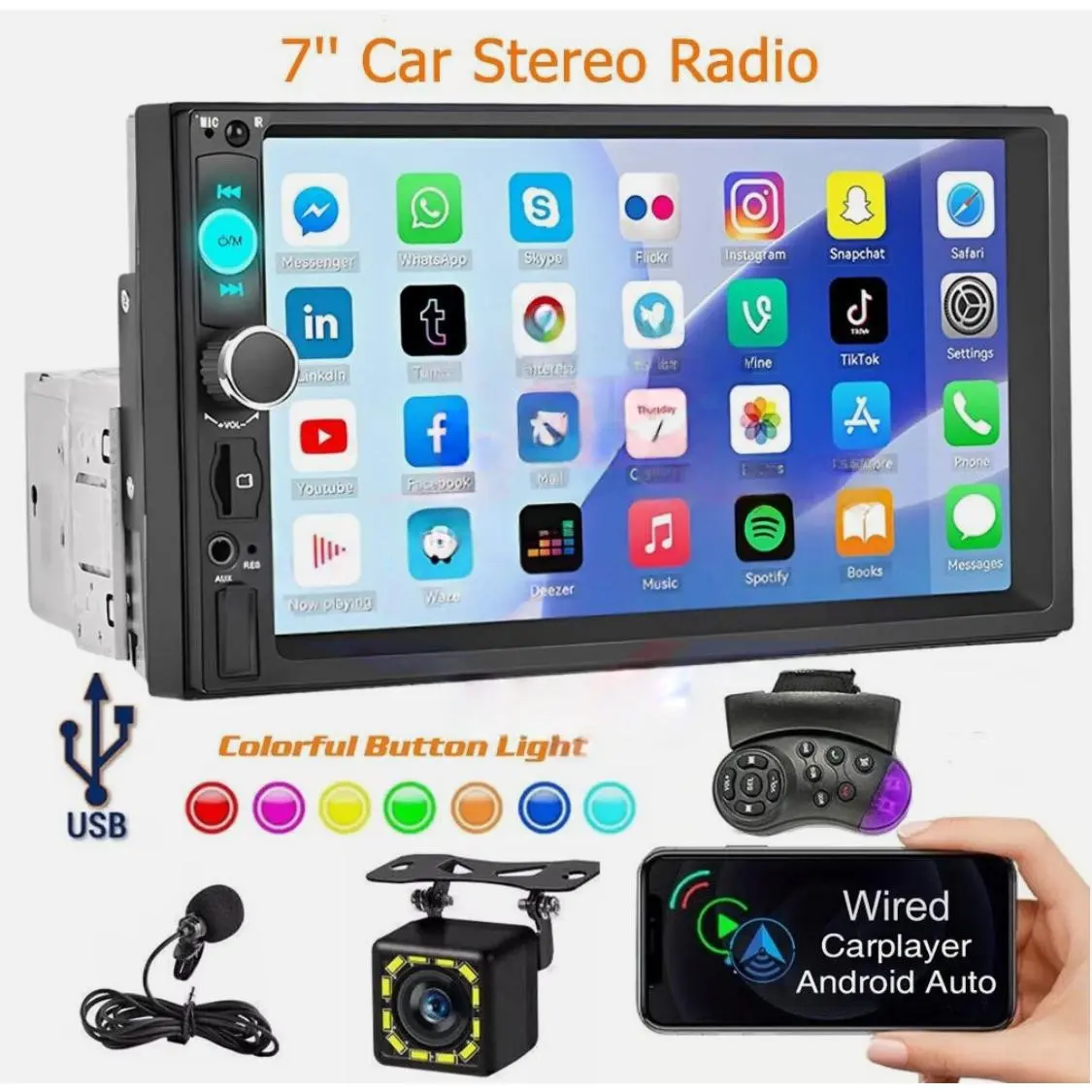 7" Touch Screen Single Din Car Stereo Radio, Bluetooth Player Built-in GPS Apple CarPlay Android Auto