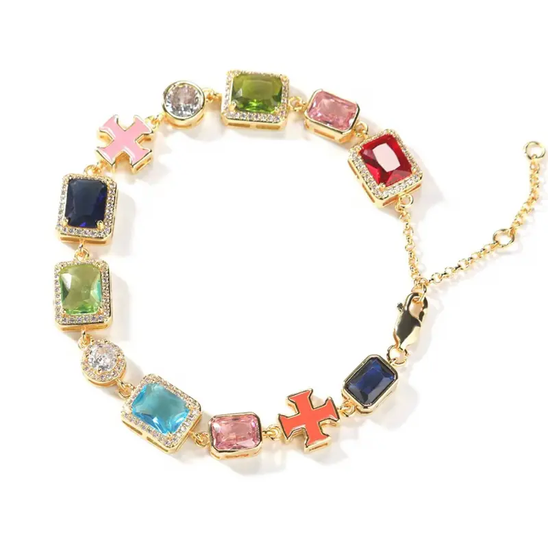 Solstice Bracelet with Colorful Gemstones and Cross Charms in Gold Tone