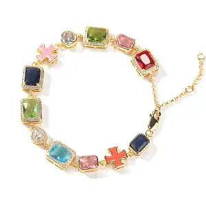 Solstice Bracelet with Colorful Gemstones and Cross Charms in Gold Tone