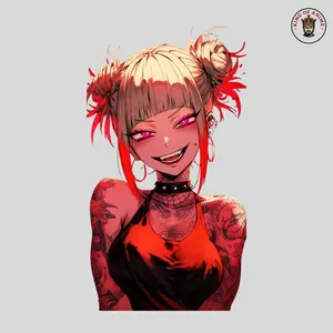 Tattooed Toga Punk Style Sticker, Vinyl Sticker for Car Decor, Anime Waifu with Red Eyes & Fangs