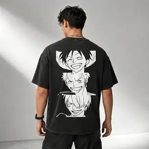One Piece Vintage Washed Graphic Tee – Oversized Anime Streetwear T Shirt, Pirate Crew Manga Tee, Y2K Digital Print Retro Acid Wash Shirt