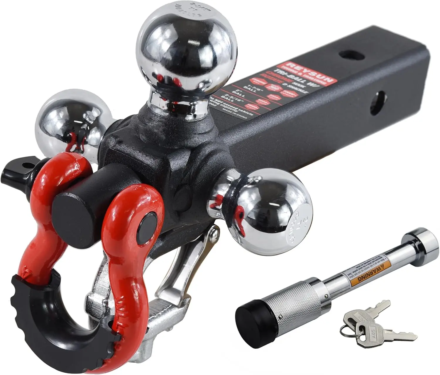 Treyson Trailer Hitch Tri-Ball Mount with Swivel Tow Shackle & Hook Fits 2-inch Receiver Chrome Balls 1-7/8" 2" 2-5/16" Hitch Lock Pin