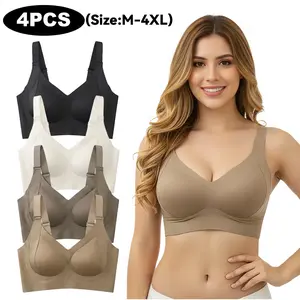 2/4PCS Plus Size Seamless Push-Up Jelly Bra | Wire-Free Ribbed T-Shirt Bralette | High Stretch Full Coverage, 4-Row 5-Hook Lift, Soft Everyday Sleep Comfort Underwear (M-4XL)