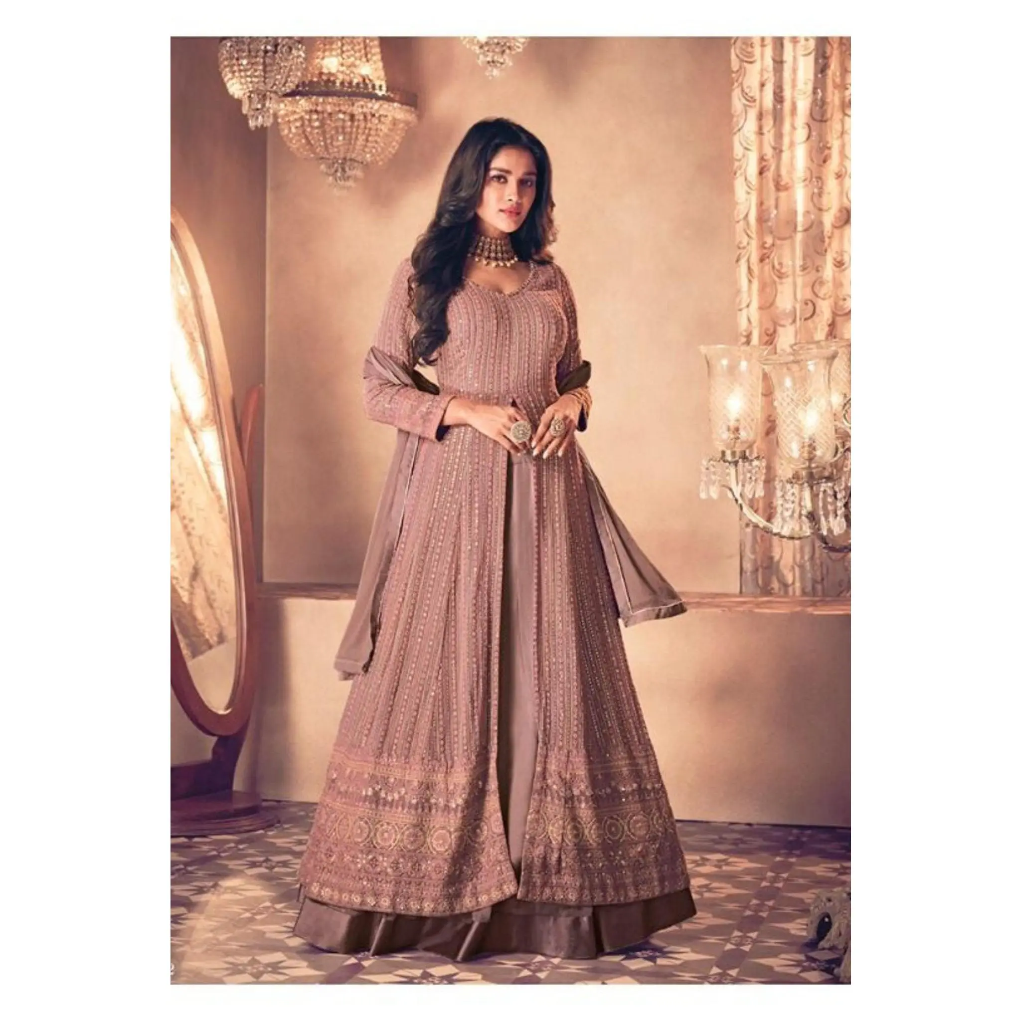 Women's Elegant Georgette Salwar Suit Set with Embroidery & Sequins, 3-Piece Anarkali Outfit with Center Cut Top & Umbrella Skirt, Chic, Umbrella Cut Skirt
