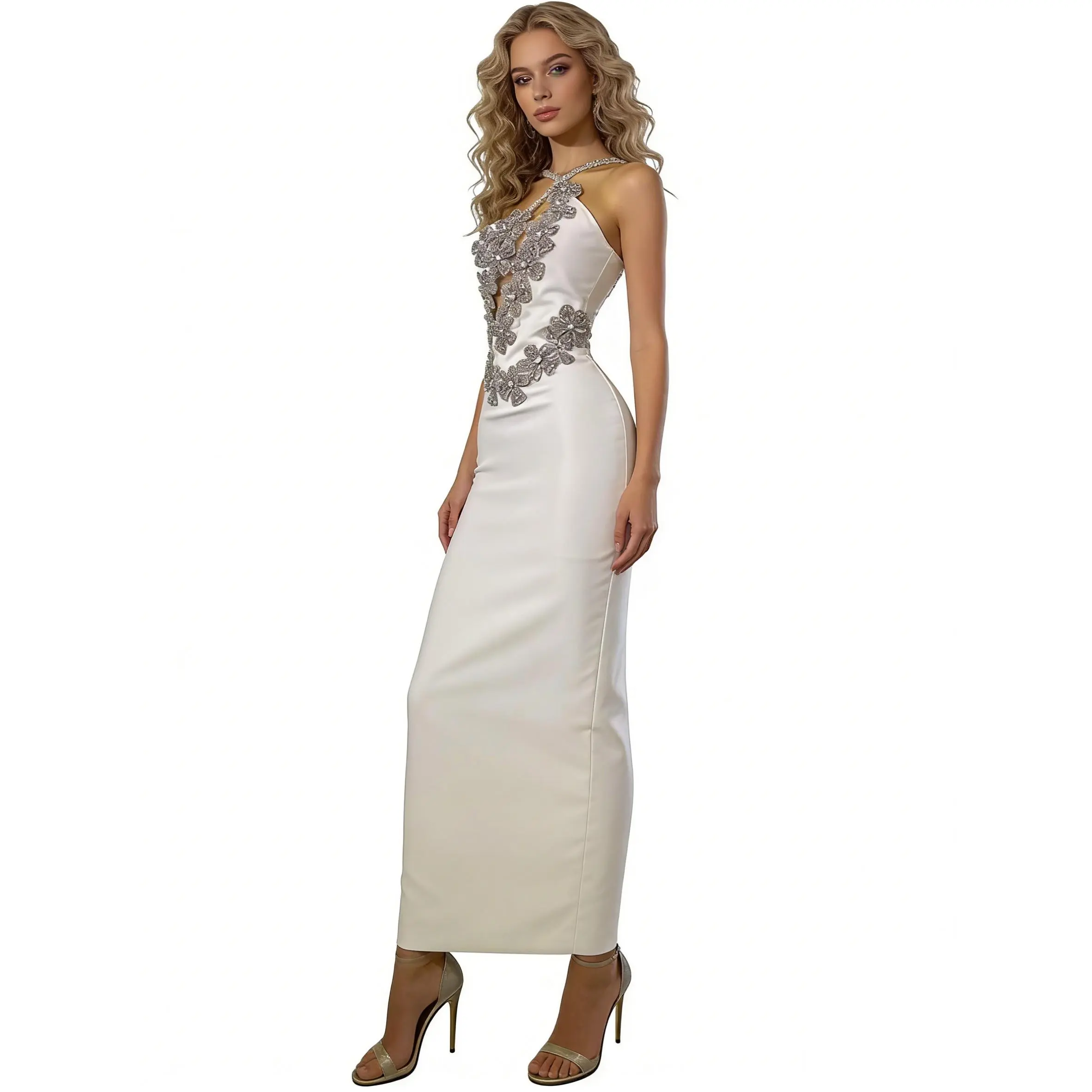 Women's White Nylon Stretch Nylon Bodycon Bandage Dress - Crystal Floral Appliqué, Chic Cutout Halter Neck, Open-Back Effect, Sleeveless Formal Wear for Bachelorette Parties with Cutout Allure, Bachelorette Party, Backless