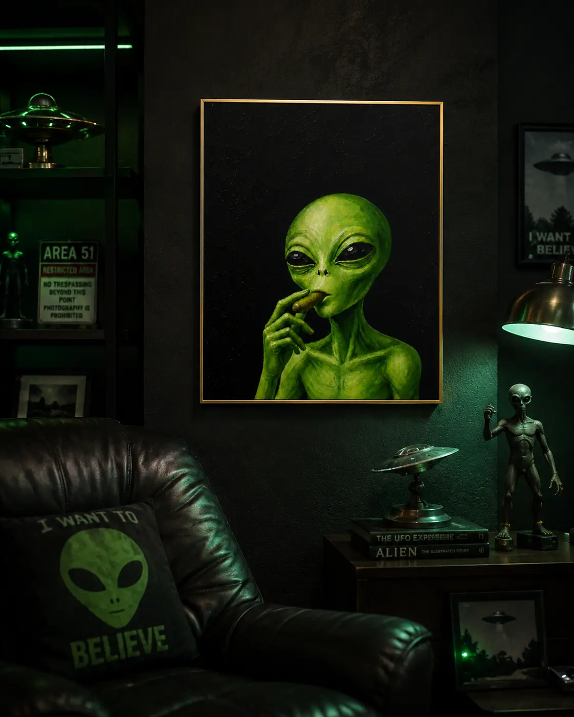 Green Alien Smoking a Pickle Poster | Rolled Poster