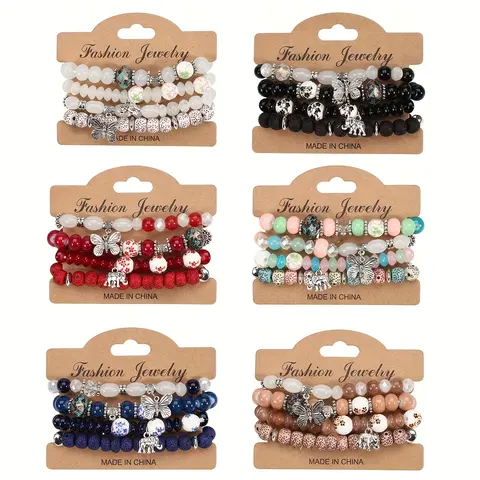 24Pcs (6-Set) Bohemian Layered Beaded Bracelet With Elephant & Butterfly Pendant Stretch & Stackable All-match Bracelet For Unisex Fashion Summer Beach Jewelry Accessories Handmade Beaded Bracelet Set