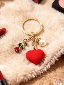 Simple Heart Shaped Floral Pattern Keychain with Rose Pearl Resin Pendants, Creative Valentine's Day Gift, Unique Birthday Keychain for Friends, Keychain Kawaii