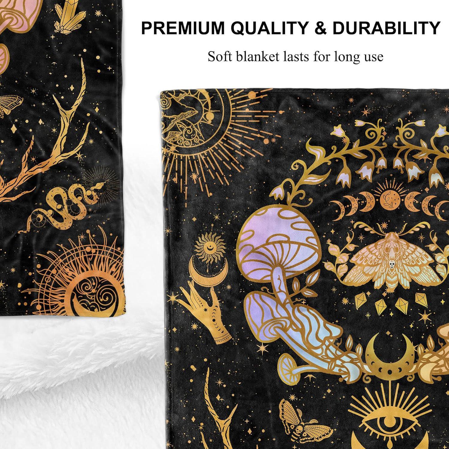 Enchanted Mushroom Premium Weight Blanket, Witchy Moon & Zodiac Fleece Throw, Gothic Hippie Decor for Women, Mystical Sun & Moon Gifts for Halloween, 280gsm