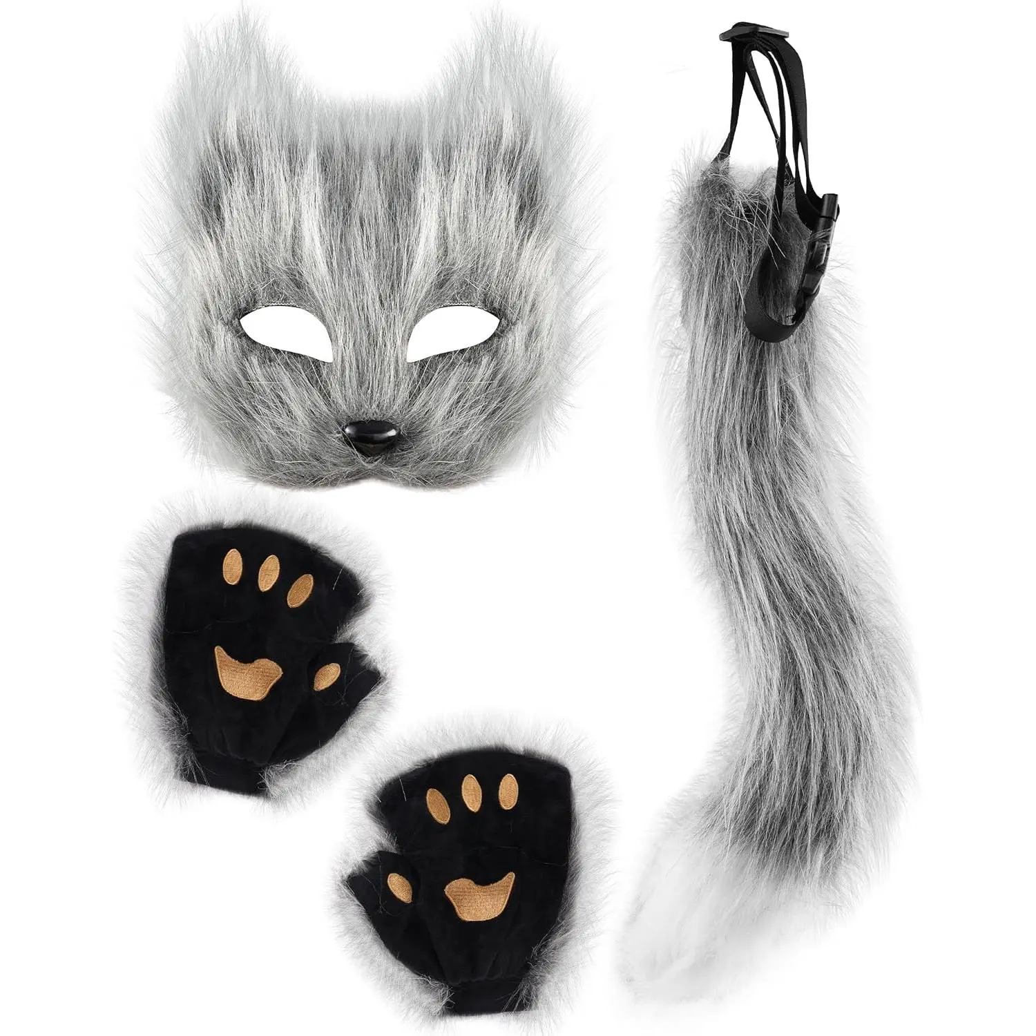 Kids' Girls' Gray Fox Costume Set - 3-Piece Realistic Plush Mask, Gloves & Tail Accessories with Adjustable Straps, Customized Fit, Soft Fabric for Cosplay, Halloween