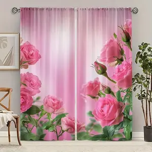 Rose Curtains with Leaves, Gradient to Background, Half-Transparent Polyester, Easy Install, Privacy Window Decor