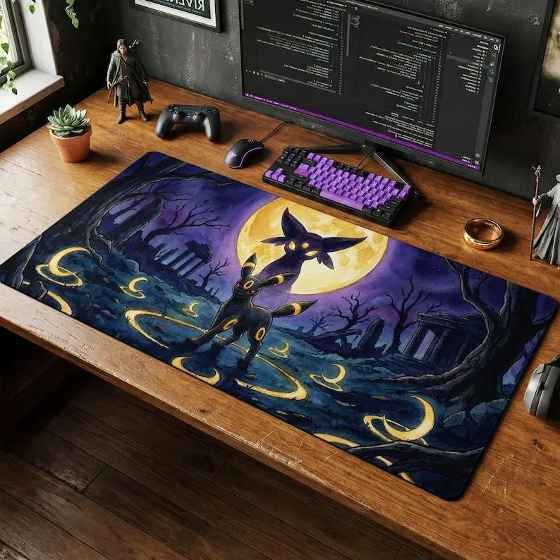 Umbreon Mystic Moon Desk Mat, Dark Watercolor Gaming Mouse Pad, Gothic Anime Workspace, Desk Mat, PC Accessories, Non-Stitched Mat