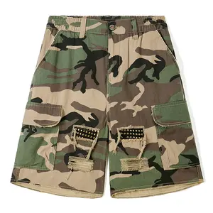 Men's Camo Cargo Shorts, Distressed Ripped Denim Shorts with Studs, Y2K Streetwear Camouflage Casual Hiking Shorts for Summer, Punk Gothic Military Style Baggy Cargo Shorts for Men, Fashion Distressed Camo Shorts for Outdoor, Workout, Daily Wear