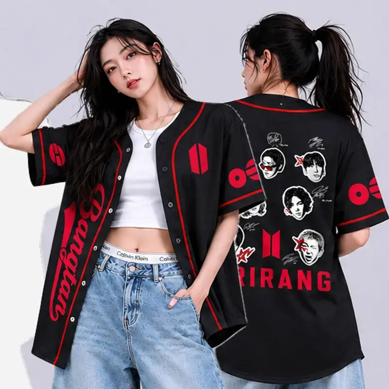 Bangtan Arirang Black Red Baseball Jersey, Kpop Member Portrait Graphic Concert Button-Down Shirt, Y2K Streetwear Women