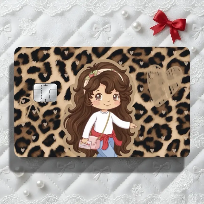 Strawberry Shortcake Leopard Credit Card Sticker Cover, Cute Aesthetic Adhesive Vinyl Accessory, 3.37x2.125 in Premium Waterproof Scratch-Resistant Decoration Sticker for DIY Scrapbooking, Adhesive Stickers