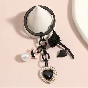 Black Rose & Heart Charm Keychain Flower Valentine Day Stylish Accessory with Clasp for Keys Bags and Jewelry