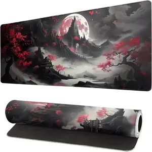 Japanese Desk Mat Red Full Moon Desk Pad Black Riverside Large Mouse Pad Gaming Mousepad Extended XL Keyboard Pad 31.5 x 11.8 in Laptop Computer Mouse Keyboard Mat for Office Desk Decor