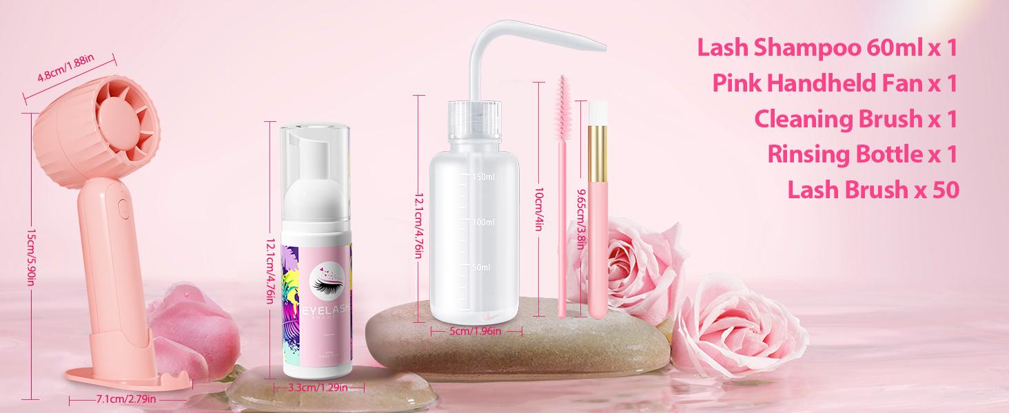 Lash Cleaning Kit - Lash Shampoo Kit Eyelash Extension Cleanser for Extensions 60ML with Rechargeable Handheld Lash Fan Dryer Mascara Brush Rinse Bottle Makeup Cleansing Foam for Lash Care