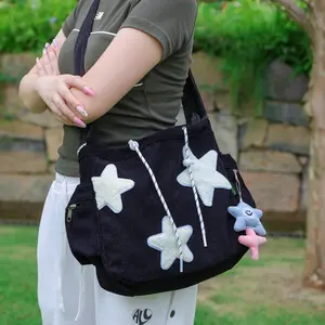 Star Pattern Tote Hobo Bag, Large Capacity Corduroy Bag Women's Shoulder Bag, Casual Messenger Bag, Cute Star Drawstring Design All-match Student Tote Bag