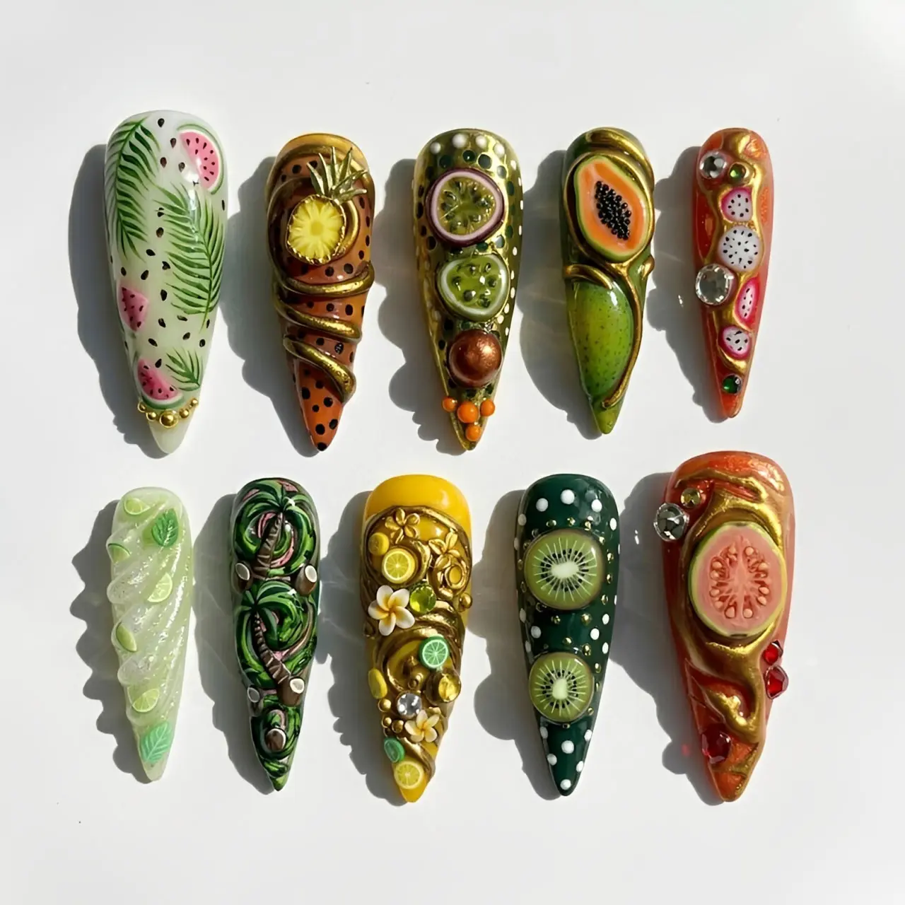 Tropical Fruit 3D Press On Nails, Watermelon Kiwi Papaya Pineapple and Dragon Fruit Nail Art, Colorful Long Stiletto Summer Fake Nail Set